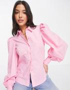 Asos Design Cotton Shirt With Volume Sleeve & Deep Cuff In Pink