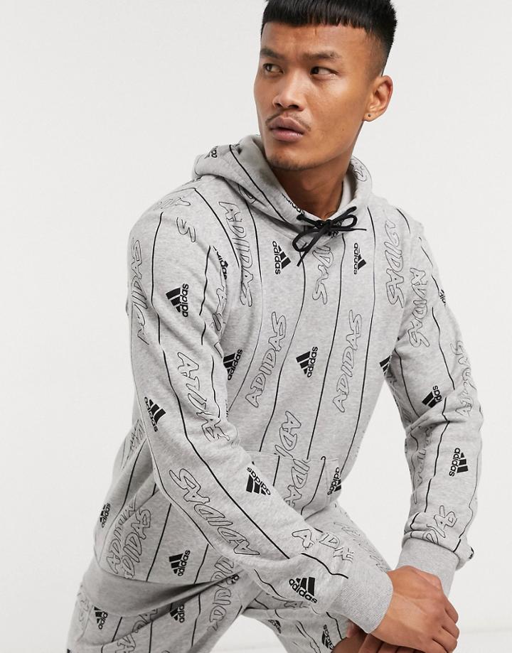 Adidas Training All Over Logo Hoodie In Gray-green