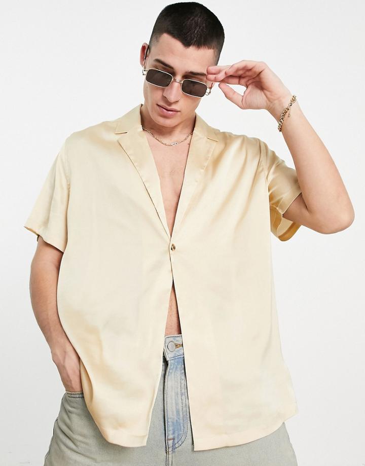 Asos Design Relaxed Shirt With One Button In Beige-neutral