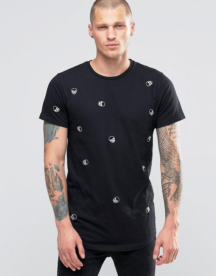 Religion T-shirt With All Over Embroided Skull - Black