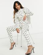 Asos Design Puff Sleeve Open Back Scuba Jumpsuit With Leg Slit In Polka Dot-black