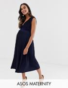 Asos Design Maternity Premium Lace Insert Pleated Midi Dress - Navy