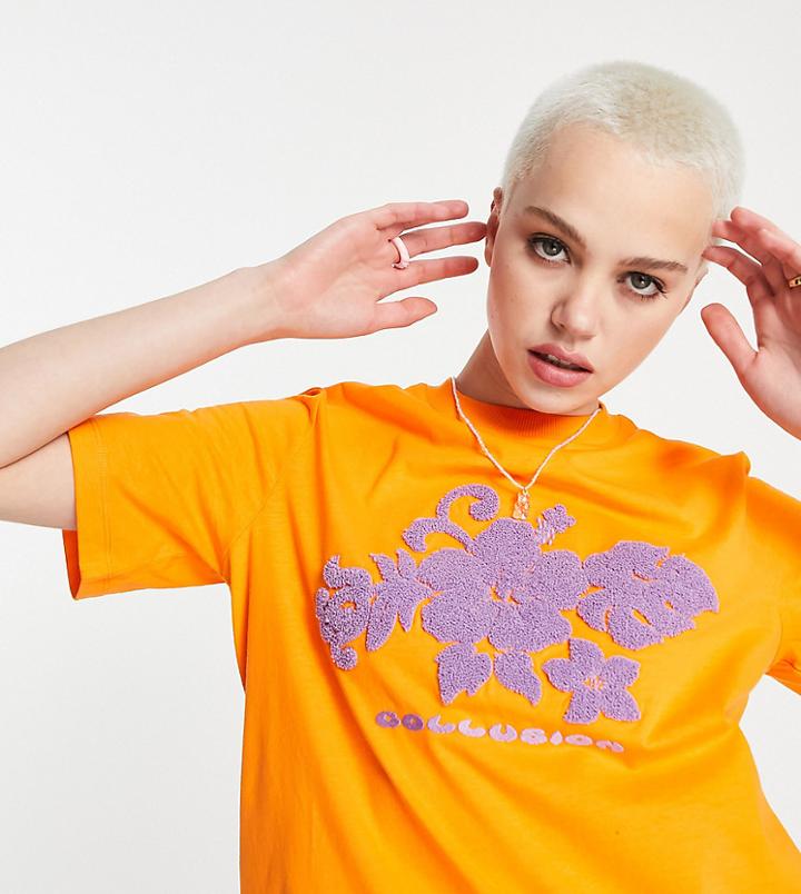 Collusion Fuzzy Embroidered Hawaiian Print Boxy T-shirt In Orange