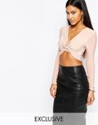Club L Long Sleeve Wrap Front Knot Detail Top - Mink