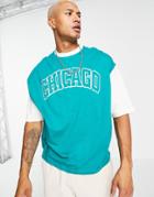 Asos Design Oversized T-shirt With Color Block Sleeves & Chicago Print-green