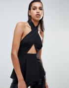 Asos Design Wrap Front Peplum Top With Cut Out - Black