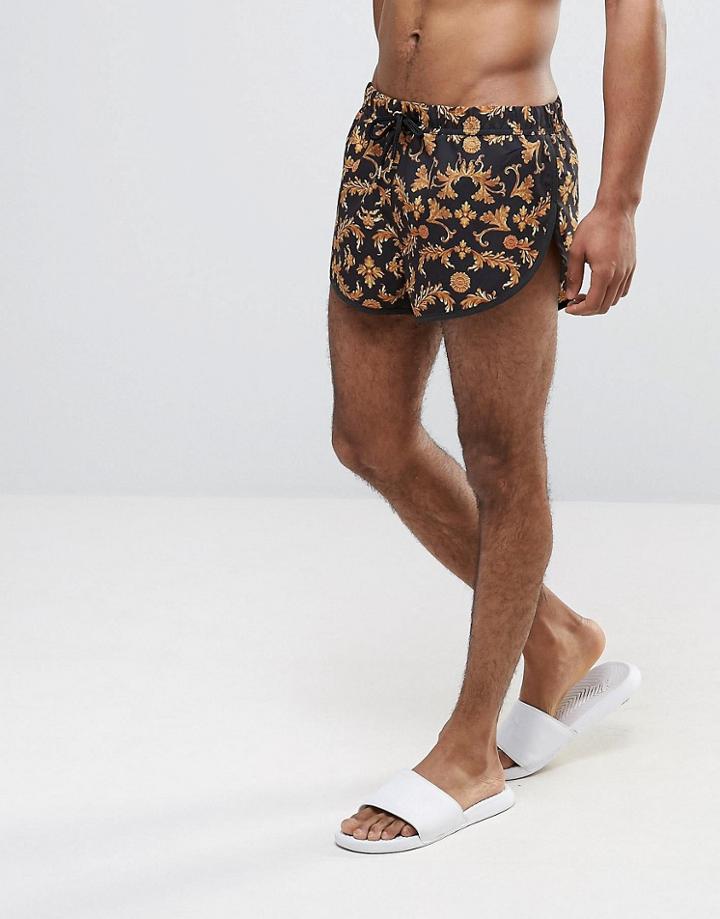 Asos Extreme Side Split Swim Shorts With Baroque Print In Super Short Length - Black