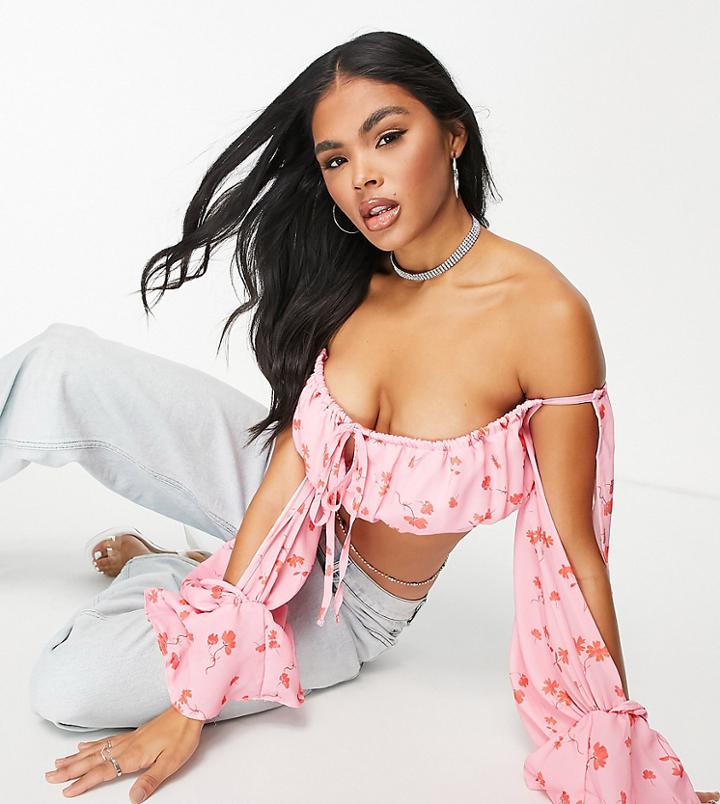 Asyou Volume Sleeve Bardot Top In Floral Print-white