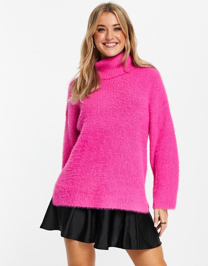 Asos Design Oversized Sweater With Cowl Neck In Fluffy Yarn In Pink