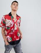 Mennace Floral Hem Block Shirt In Red - Red