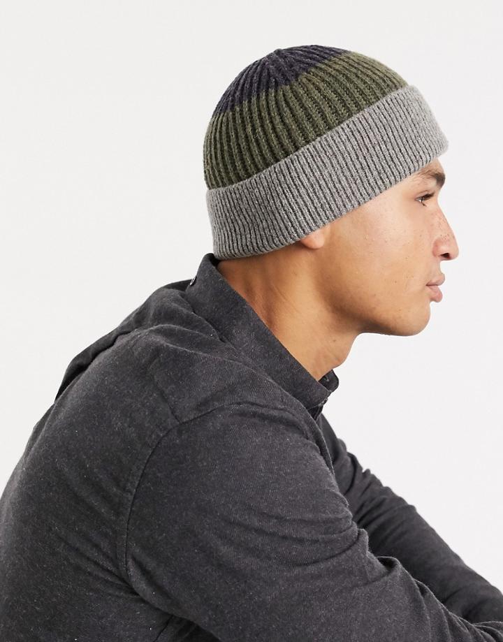 Asos Design Lambswool Fisherman Beanie With Stripe Detail-multi