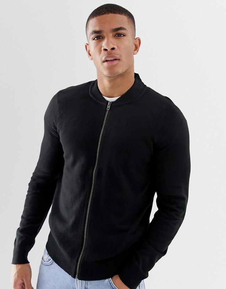 French Connection Zip Through Knitted Baseball Jacket-black