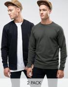 Asos Jersey Bomber Jacket/sweatshirt 2 Pack Khaki/black - Multi