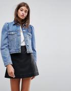 Asos Denim Cropped Jacket In Mid Wash Blue With Puff Sleeve - Blue