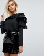 Fashion Union Long Sleeve Top With Ruffle Collar - Black