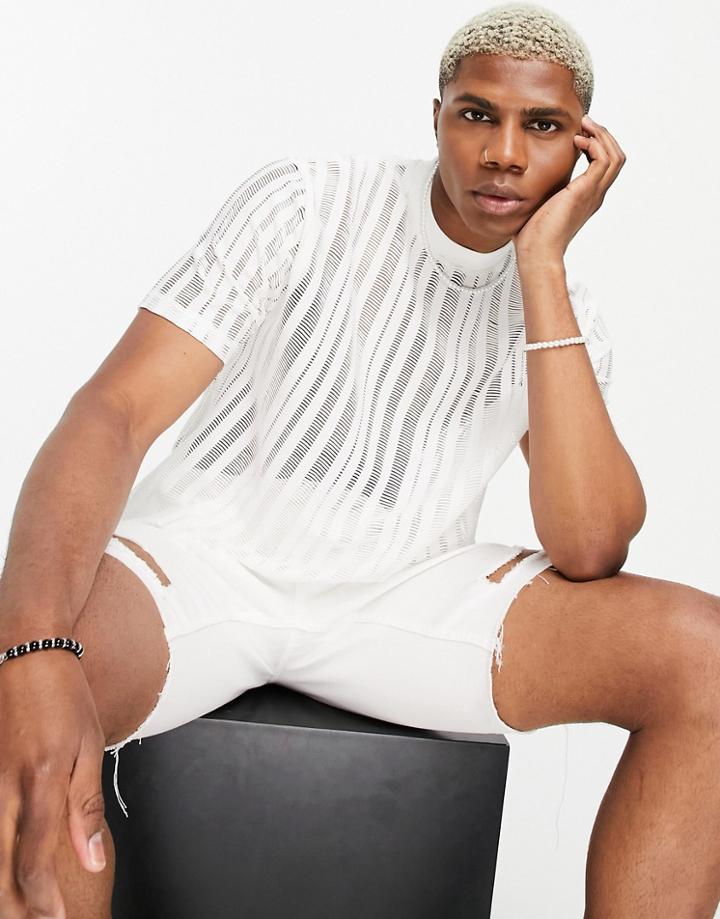 Asos Design Relaxed White T-shirt In All Over Laddered Mesh