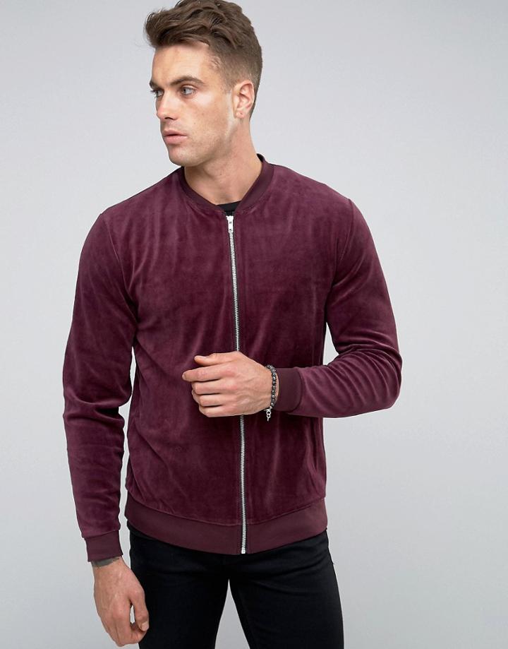 Asos Jersey Bomber Jacket In Velour - Red