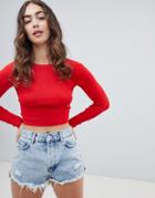 Pull & Bear Cropped Long Sleeve Sweater Plain In Red - Red