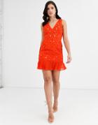 Asos Design Mini Dress In Cutwork Embroidery With Pleated Hem-red