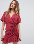 Boohoo Angel Sleeve Ruched Mini Dress In Red - Red