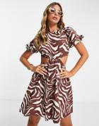 River Island Cut Out Tie Back Mini Dress In Brown Zebra Print