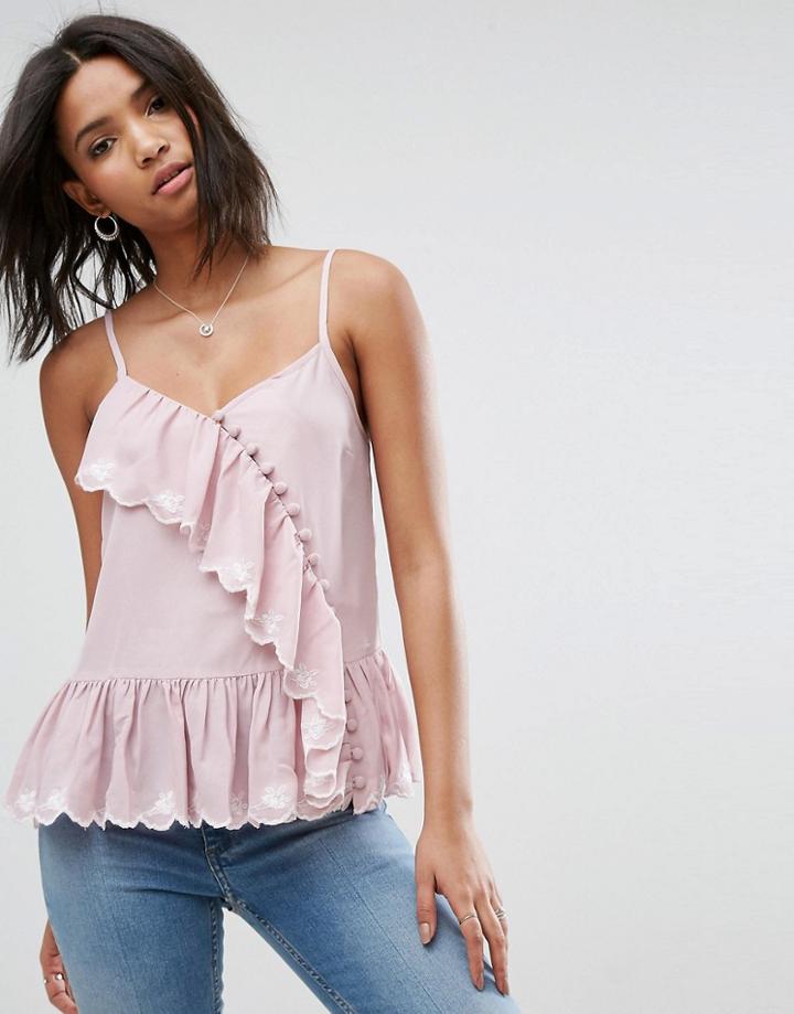 Asos Ruffle Cami With Embroidery - Purple