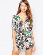 Traffic People Wrap Front Romper In Flamingo Print - Pink