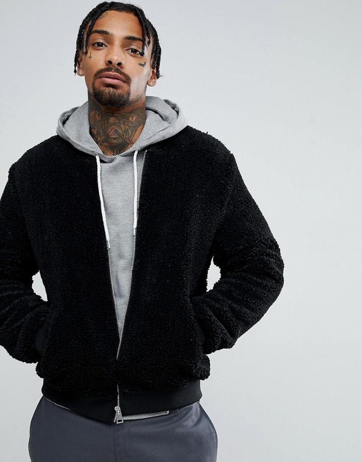 Asos Design Borg Bomber Jacket In Black