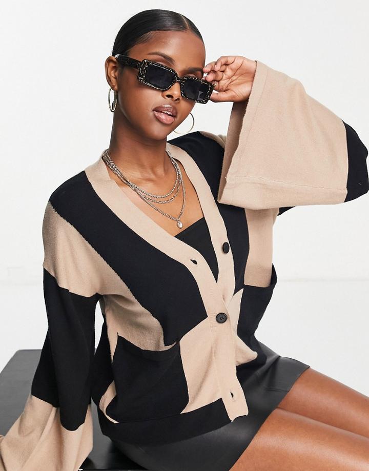 4th & Reckless Wide Sleeve Color Block Cardigan In Camel And Black-multi