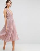 Asos Salon Sequin Mesh Fit And Flare Midi Dress - Pink