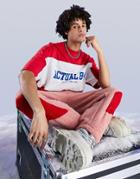 Asos Actual Oversized T-shirt With Horizontal Color Block Panel And Logo Print In Red