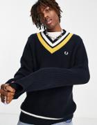Fred Perry Striped V Neck Sweater In Navy
