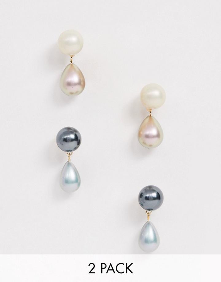Asos Design Pack Of 2 Earrings With Color Pearl Drops In Gold Tone - Gold