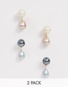 Asos Design Pack Of 2 Earrings With Color Pearl Drops In Gold Tone - Gold