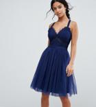 Chi Chi London Petite Tulle Midi Dress With Lace Detail-navy