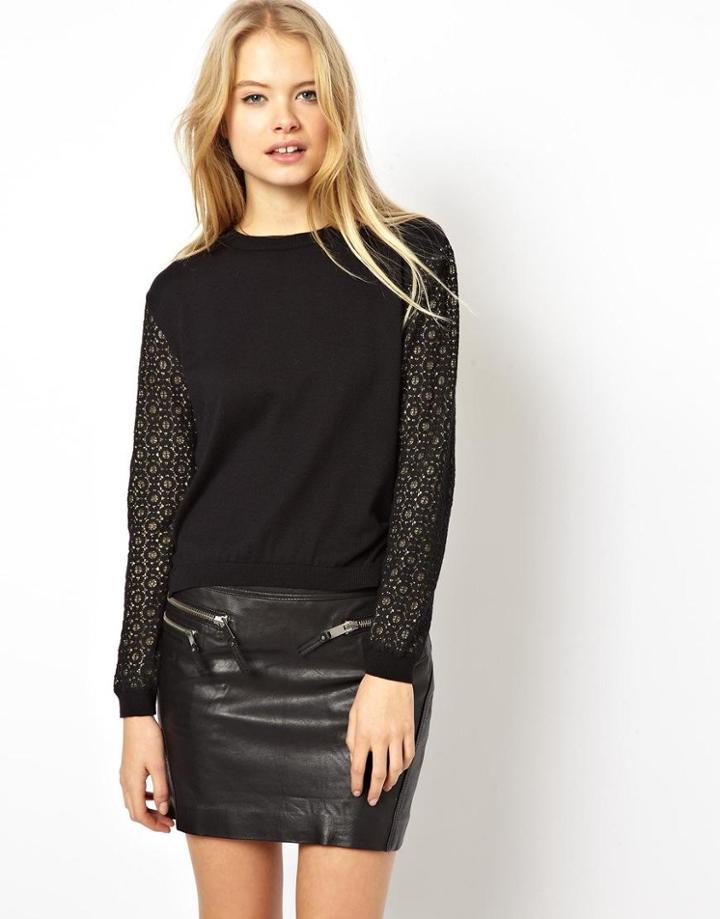 Asos Cropped Sweater With Lace Sleeves