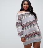 Club L Plus Christmas Off The Shoulder Sweater Dress With All Over Intarsia Fairsle Print - Gray