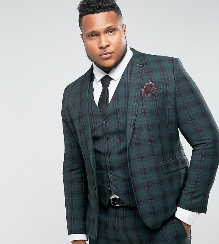 Harry Brown Plus Skinny Plaid Suit Jacket - Green