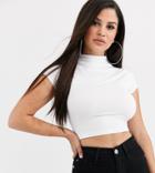 Asos Design Petite Crop T-shirt With High Neck And Cap Sleeve In White