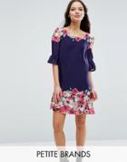 Yumi Petite Swing Dress With Frill Sleeves In Border Print - Navy