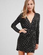 Flounce London Wrap Front Mini Dress With Statement Shoulder In Black With Gold Sequin In Black/gold - Black