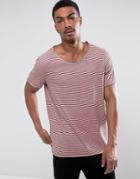 Asos Neppy Jersey Longline Stripe T-shirt With Raw Edge Detail - Pink