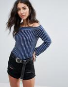 Daisy Street Off The Shoulder Stripe Top - Navy
