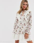 Asos Design Broderie Ruffle Skater Mini Dress In Ditsy Floral Print - Multi