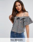 New Look Tall Gingham Frill Embroidered Bardot Top - Black