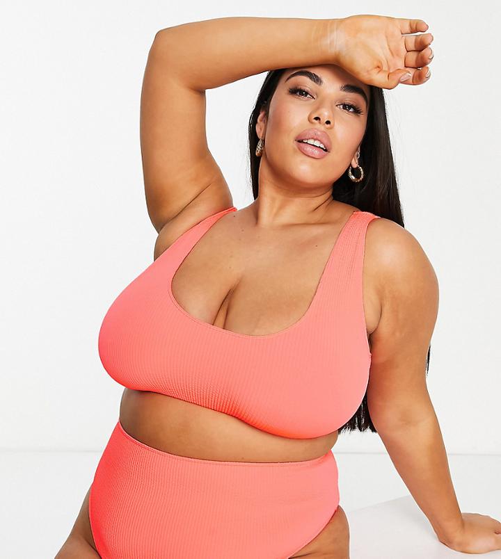 Asos Design Curve Mix And Match Crinkle Skinny Scoop Crop Bikini Top In Coral-orange