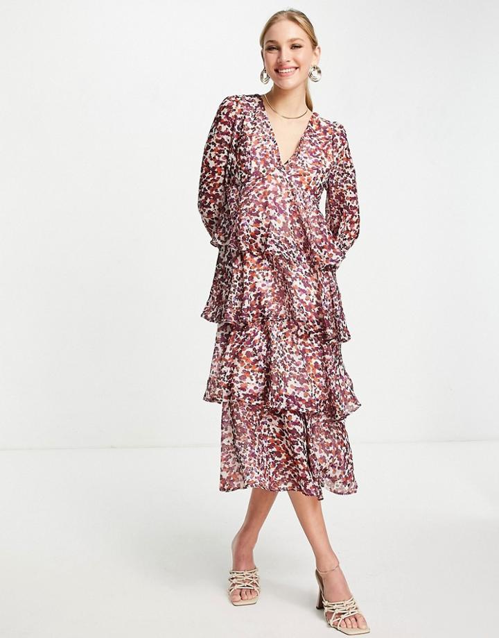 Pretty Lavish Plunge Front Ruffle Midi Dress In Pink Print