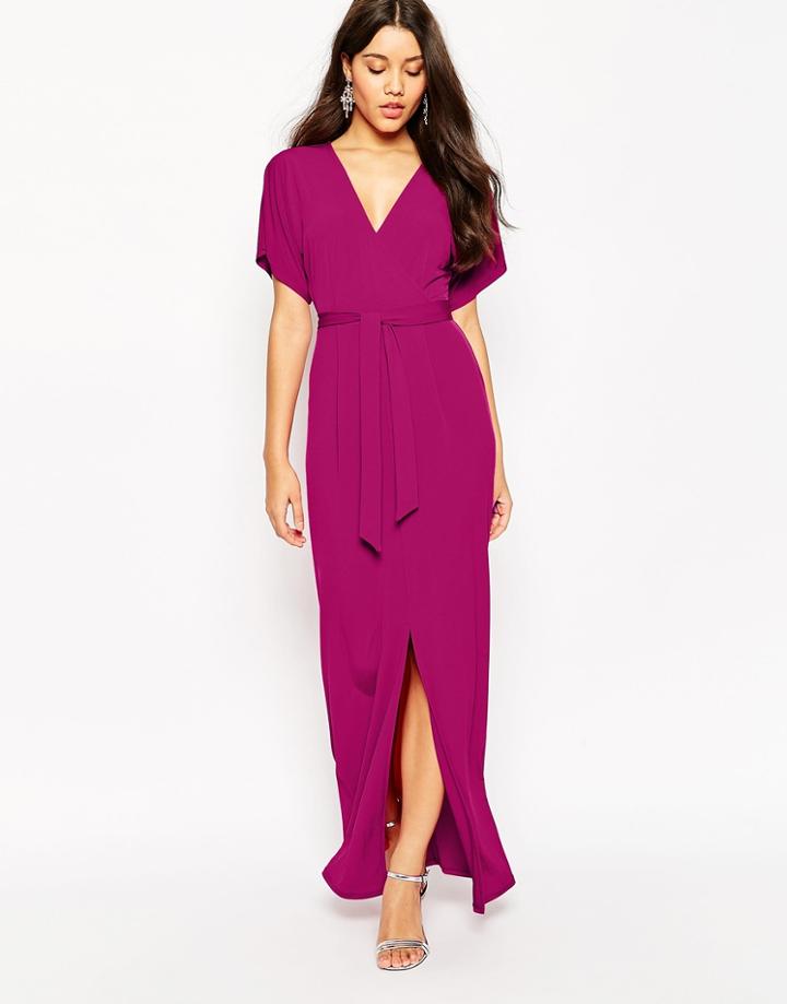 Asos Wrap Maxi Dress In Crepe With Tie Belt - Raspberry