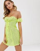 Asos Design Neon Yellow Broderie Off Shoulder Beach Dress With Lace Up Detail - Yellow