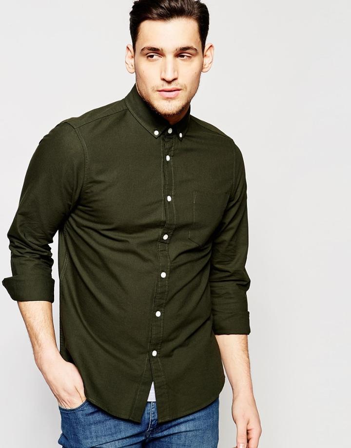 Asos Oxford Shirt In Khaki In Regular Fit - Khaki